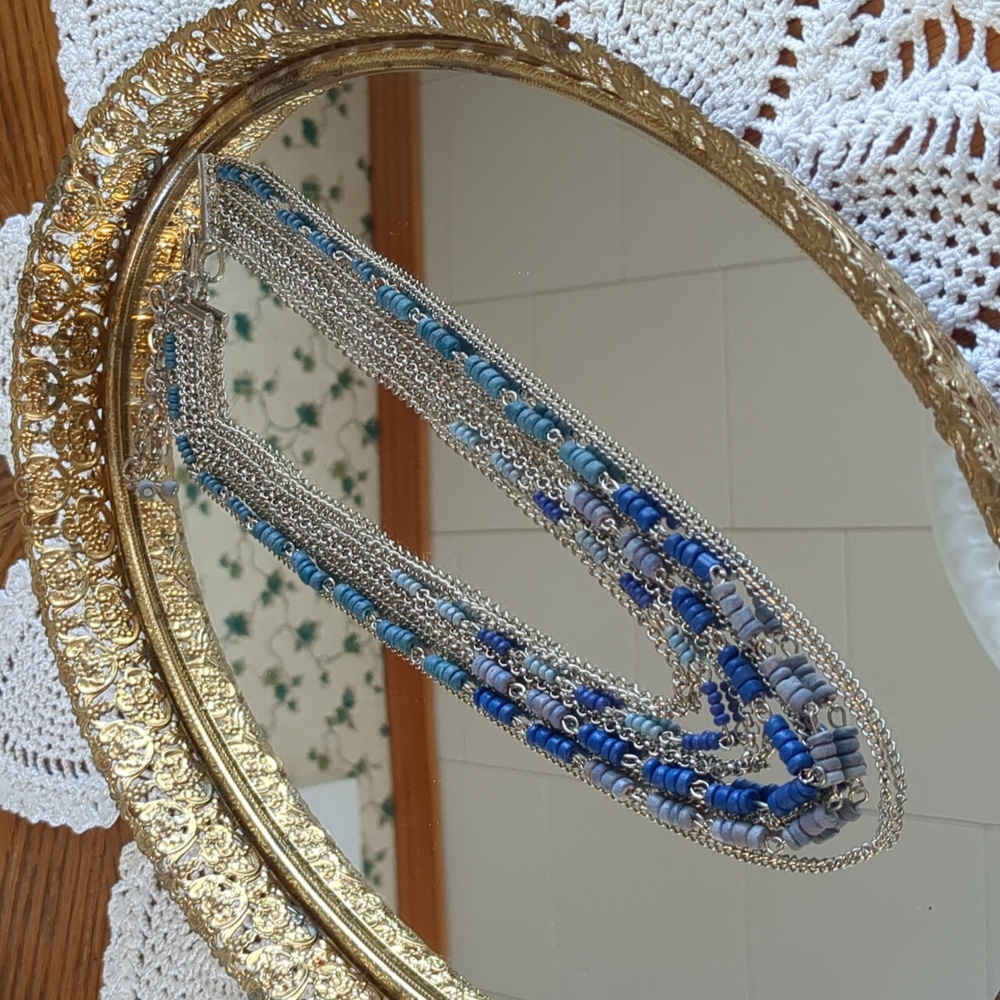 Graduated Layer 17 Inch Necklace With Blue Beads on Silver Tone Chains